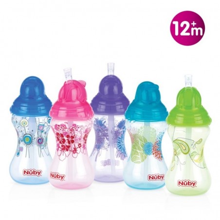 NUBY gobelet imprimé avec paille en silicone 300ml +12 mois Réf : ID10241