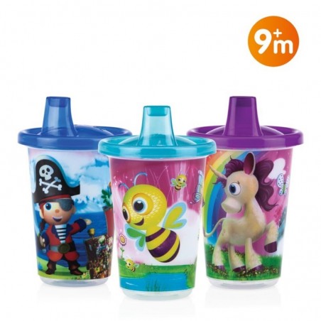 NUBY Lot de 3 gobelets 300ml décor Super Héros, Princesse et voitures +9 mois Réf: ID92609