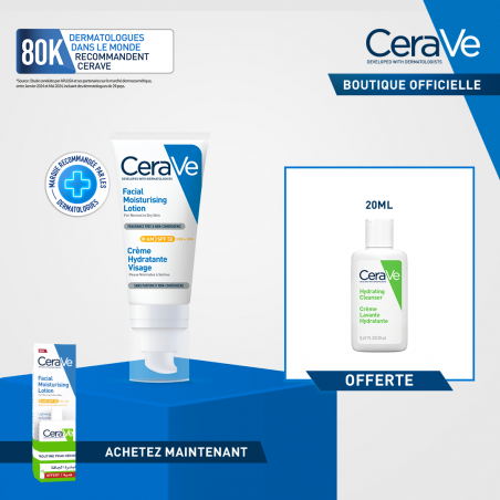 CeraVe Offre crème hydratante visage SPF50  52ml + crème moussante nettoyante 20ml OFFERTE