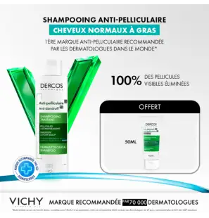 Vichy Offre Dercos Shampoing Traitant Anti-Pelliculaire Cheveux Gras 200 ml + Dercos 50ML OFFERT