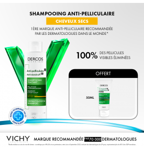 Vichy Offfre Dercos Shampoing Traitant Anti-Pelliculaire Cheveux Secs 200ml + Dercos 50 ML Offert