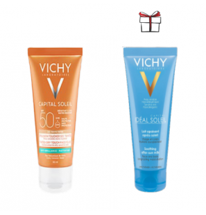 VICHY CAPITAL SOLEIL Crème Anti-Brillance Toucher Sec Teintée spf 50+ (50ml) + Lait après soleil 100 ml Offert