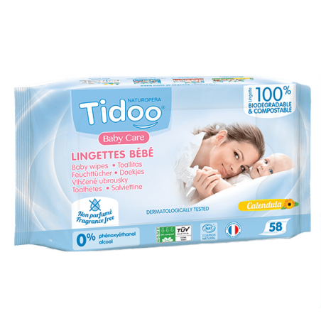 TIDOO BABY CARE lingettes Sans Parfum au Calendula BIO | 58 u