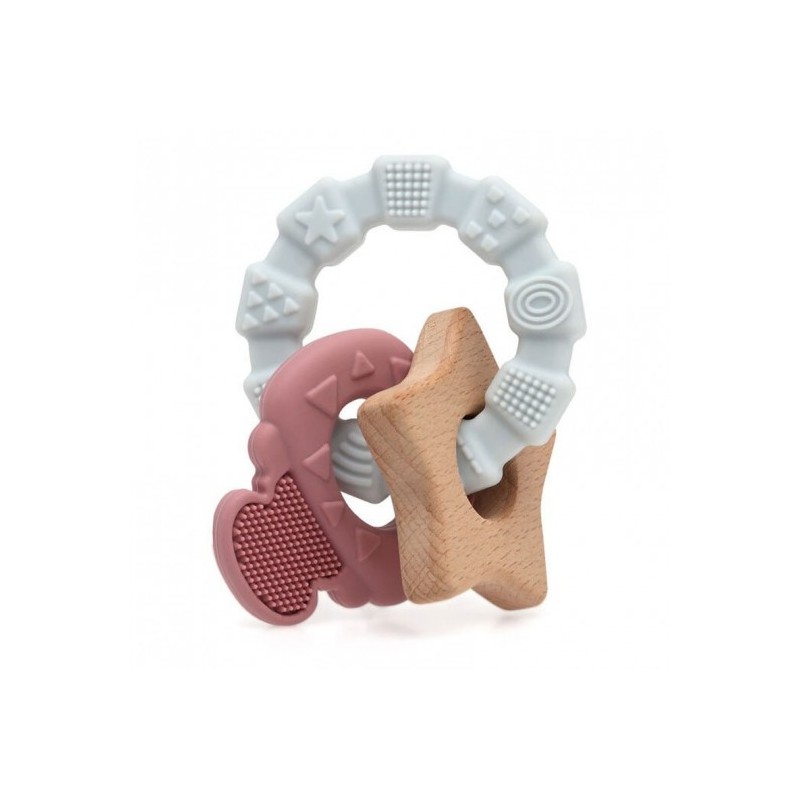 KIOKIDS Anneau de Dentition en Bois et Silicone rose et gris