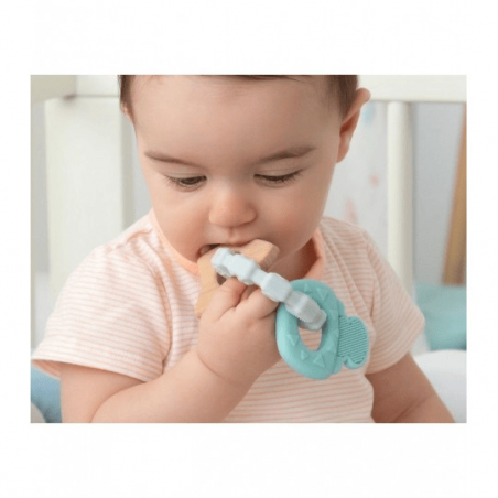 KIOKIDS Anneau Dentition Bois et Silicone Vert et Gris