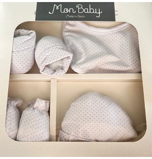 MON BABY Set 4p (Bavoir+Gants+Chaussettes+Bonnet)S4R dots B/beige