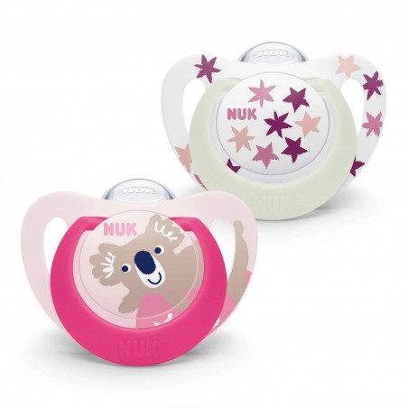 NUK Sucette Silicone Star Day & Night 6-18 mois Koala/Etoiles Rose