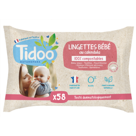 TIDOO BABY CARE lingettes Sans Parfum au Calendula BIO | 58 u