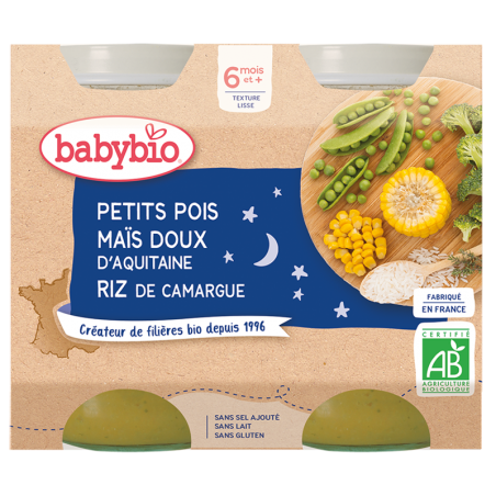 Babybio Petits Pois Maïs Doux d’Aquitaine Riz de Camargue | 2x200g