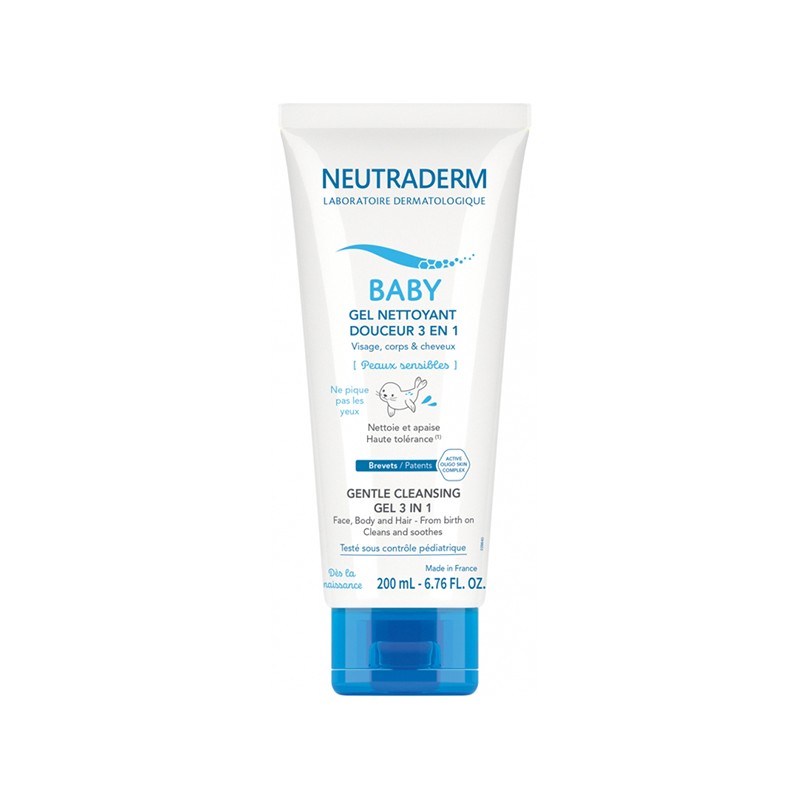 NEUTRADERM BABY GEL NETTOYANT DOUCEUR 3 EN 1 VISAGE CORPS ET CHEVEUX PEAUX SENSIBLES 200ML