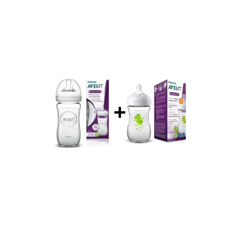 AVENT PACK BIBERON NATURAL EN VERRE 1MOIS 240ML + AVENT BIBERON DECORE 1MOIS 260ML