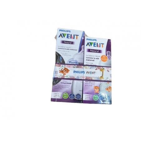 AVENT PACK BIBERON NATURAL EN VERRE 1MOIS 240ML + AVENT BIBERON DECORE 1MOIS 260ML